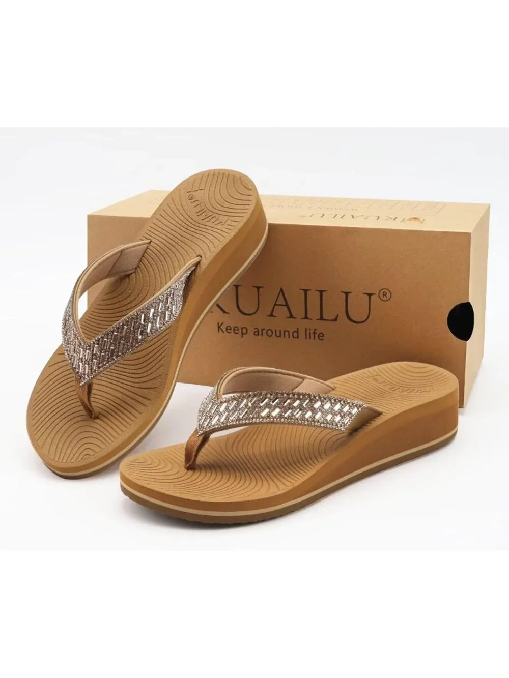 Women's Khaki Comfortable Rhinestone Support Casual Flip Flops Stylish Sandals